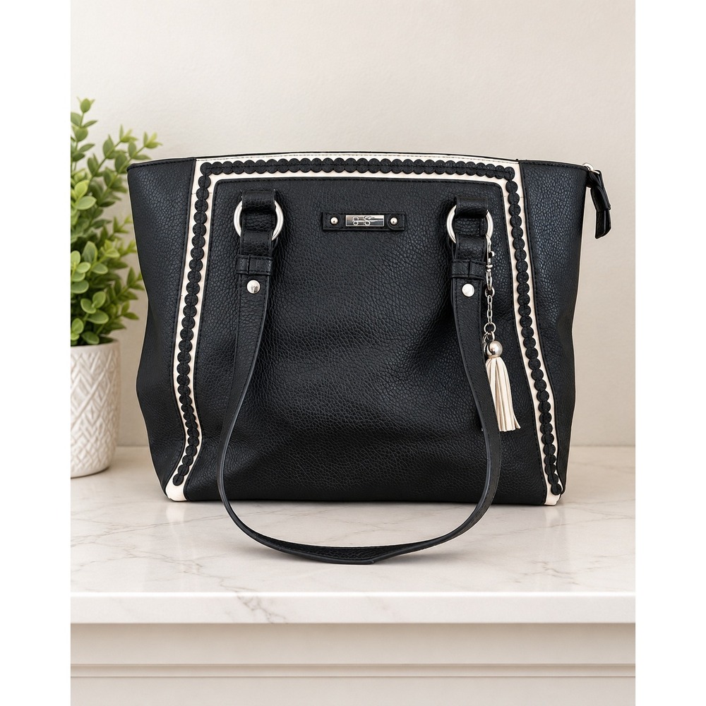 Jessica Simpson Black Pebbled Vegan Leather Scalloped Trim Tote Shoulder Bag